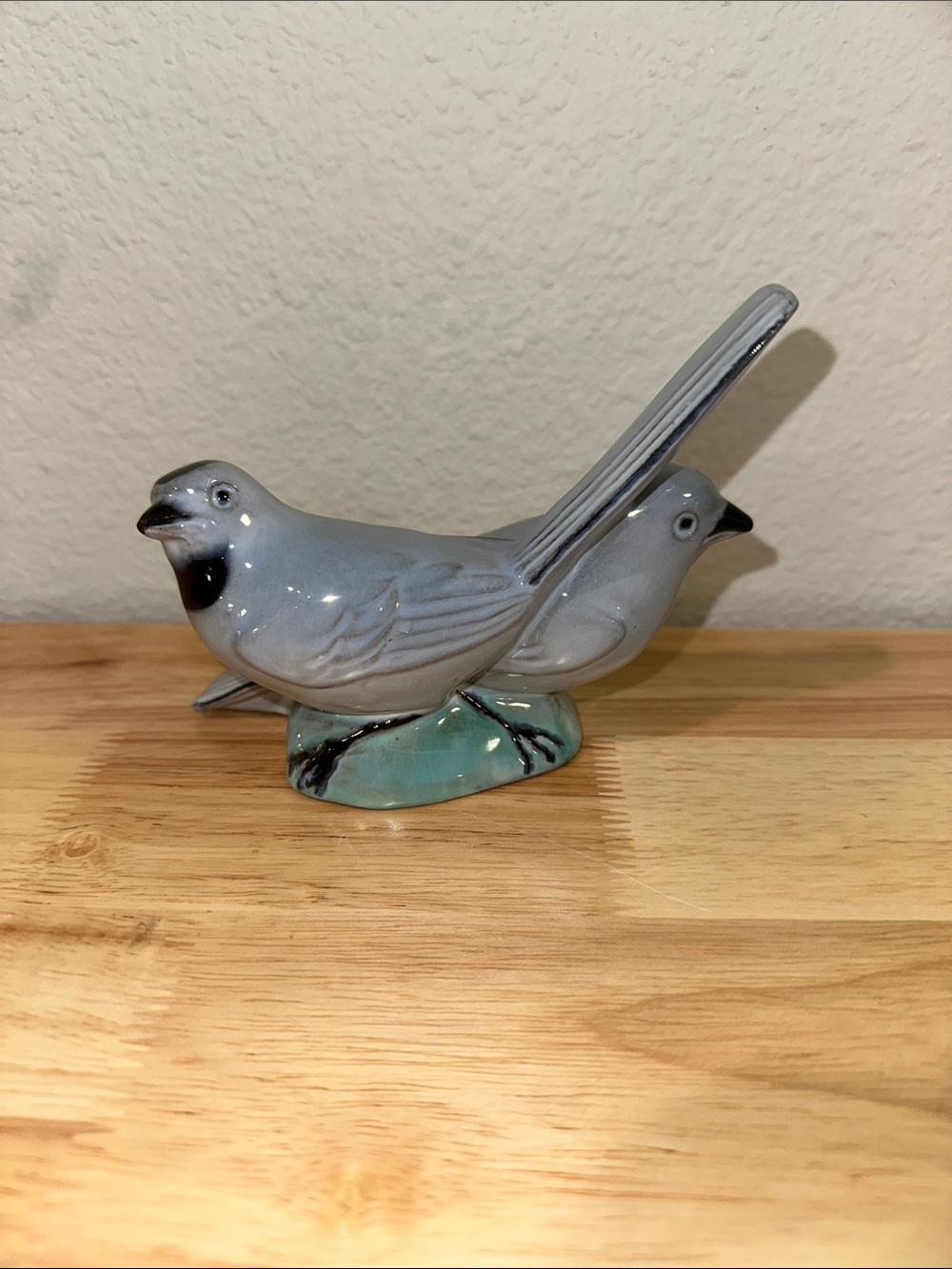 Handmade and Signed Ceramic Double Bird Figurine Blue Gray Lovebirds